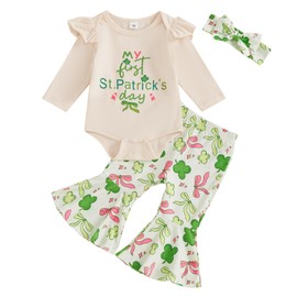 Edhomenn Baby Girl Irish Outfits Letter Print Romper with Clover Print Flare Pants and Headband 3Pcs Set Newborn Girls Ireland Clothes (01 Light Green, 12-18 Months)