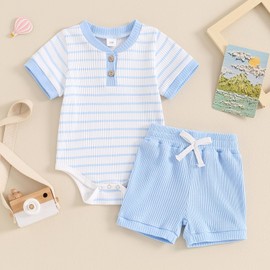 Vioyavo Newborn Baby Boys Girls Summer Outfit Stripe Pattern Short Sleeve Romper+Solid Color Elastic Waist Shorts 2Pcs Clothes Set (Light Blue, 3-6 Months)