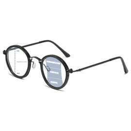 JOLLYNOVA Retro Progressive Multifocal Reading Glasses for Women Men, Metal Round Bifocal Blue Light Computer Readers Frame (Black, 2, x)