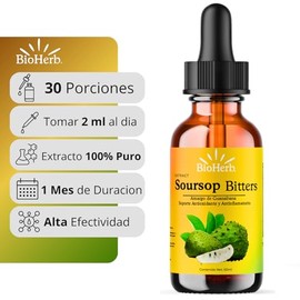 Amargo de Guanabana Extracto 100% Puro En Gotero (Soursop Bitters) - 60ml/2 Oz - Para Hasta 30 Porciones (2 Ml/Dia) - Potente Soporte Antioxidante Ric