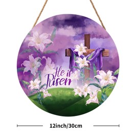 He is Risen Purple Door Sign For Front Door Decor,Religious Cross Lily Flowers Wooden Sign 12"x 12" Round Easter Hanging Door Sign Decoration for Wall Rustic Decor