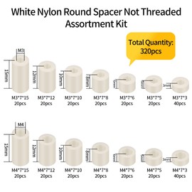 Pack of 320 Round Spacers, Nylon Washers, Plastic Spacer Sleeves, Insulation Washers, Spacers without Thread Columns - White