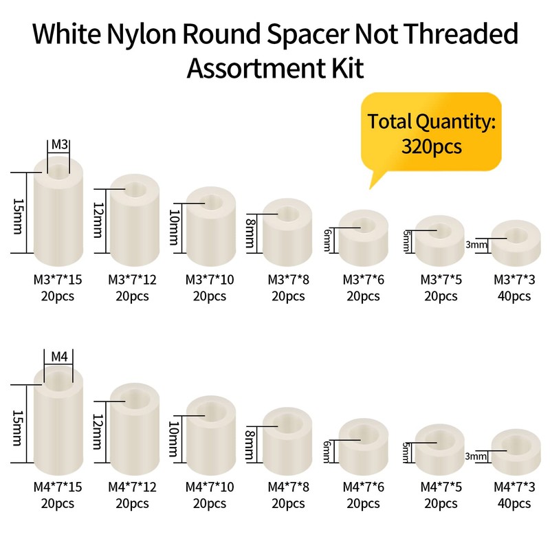 Pack of 320 Round Spacers, Nylon Washers, Plastic Spacer Sleeves,