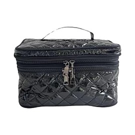 lemonbella Large Glambox Quilted Travel Cosmetic Bag Spacious Makeup Organizer with Dual Zippers & Top Handle - Portable Toiletry Pouch for Women, BLACK