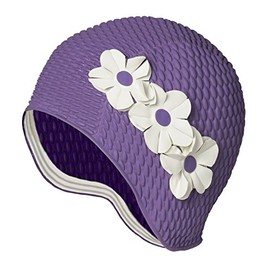 Latex Swim Cap - Women Stylish Swimming Cap Great for Ladies, Perfect to Keep Hair Dry - Suitable for Long Hair - Bubble Crepe with Laveneder and White Flowers