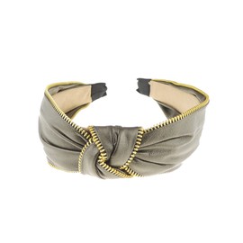 Ladies Girls Elegant Leather Look Funky Retro Gold Tone Zipper Trim Top Knot Headband Alice Band (Dark Brown)