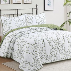 Grifito Soft Cotton Quilt Sets,3 Pieces King Size Bedspread for All Seasons,Comforter Lightweight with Leaf Pattern Quilt Bedding Set (King 98''x106'')