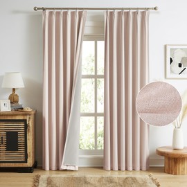 MAIHER Pink Pinch Pleated Curtains 108 Inches Long Full Blackout, Noise Reducing Thermal Insulated Flax Linen Pleated Drapes with Hooks Back Tab for Girls Bedroom Living Room, 40"x108"x2
