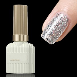 ASMAYSA Silver Glitter Nail Polish, Long Lasting White Sparkle Nail Polish, Silver Reflective Glitter Gel Polish, Chunky Glitter Nail Polish for Beginner Soak Off UV at Home, 15 ML