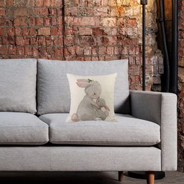 CANSEGO Rabbit Pillow Covers Cases Cute Animal Hare Mom with Little Grey Bunny Flower Leaves Throw Pillow Cushion Cotton Linen 18x18 Inch Home Decor Couch Desk Bedroom