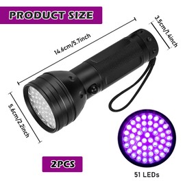 UV Torch 51 LEDs, Pack of 2 Black Light Torches, Mini UV Lamp 395 nm, Pet Urine Detector, Black Light Lamp, Ultraviolet Light for Pet Urine Detectors, Money Tester, Amber Search