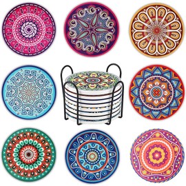 Posavasos para Bebidas,Juego de 8 Portavasos para Mesa Absorbente Antideslizante para Mesa,CeráMica con Soporte de Metal,Posavasos para Proteger Lamesa de Calor y Desgaste (Color 7)