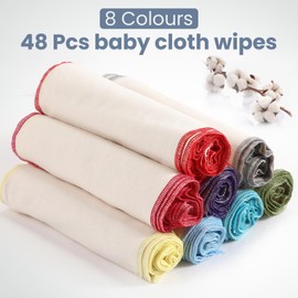 Mixweer 48 Pcs Flannel Cloth Baby Wipes Reusable Baby Diapers Wipes Washable Natural Unbleached Baby Face Wipes Soft and Sturdy Cloth Wipes 8 Colors Outer Stitching 8 x 8 Inches