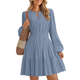 ZESICA Fall Long Sleeve Mini Dresses for Women 2025 Lightweight V Neck High Waist A Line Flowy Swing Casual Party Dress Dusty Blue Medium