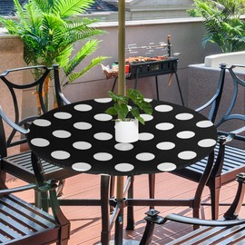 Outdoor Tablecloth with Umbrella Hole and Hidden Zipper,Black White Polka Dots Fitted Round Tablecloth with Elastic, Waterproof Polyester for Patio Picnic, Fits 36-44in Tables