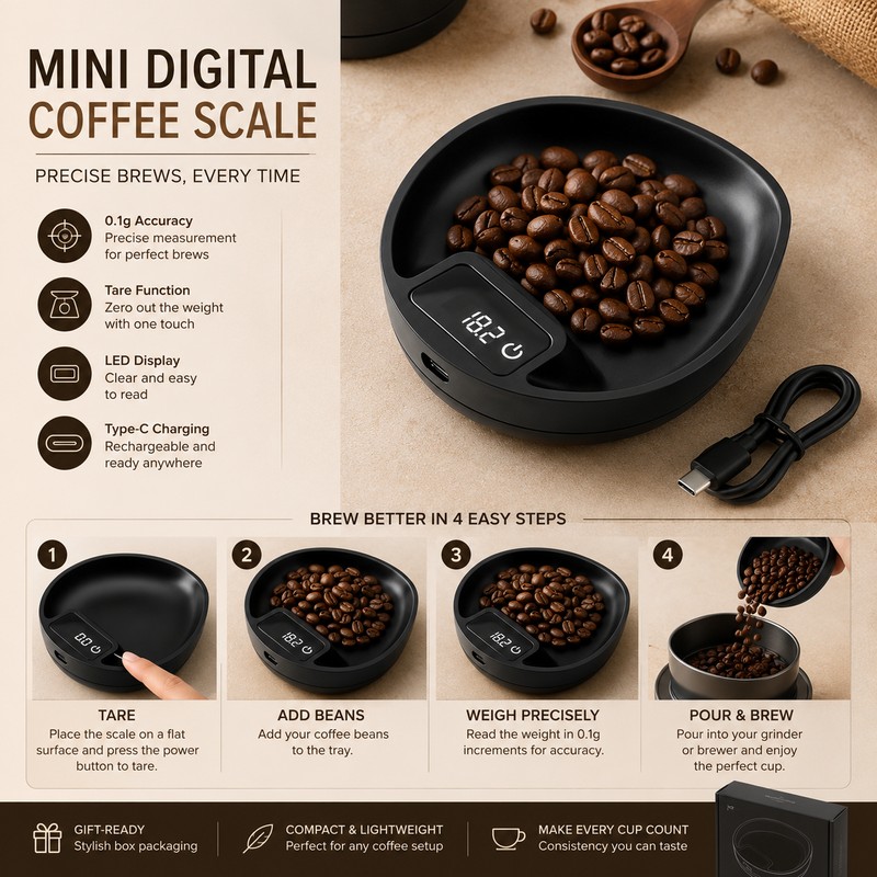 Mini Digital Coffee Scale for Espresso Brewing – 0.1g Precision
