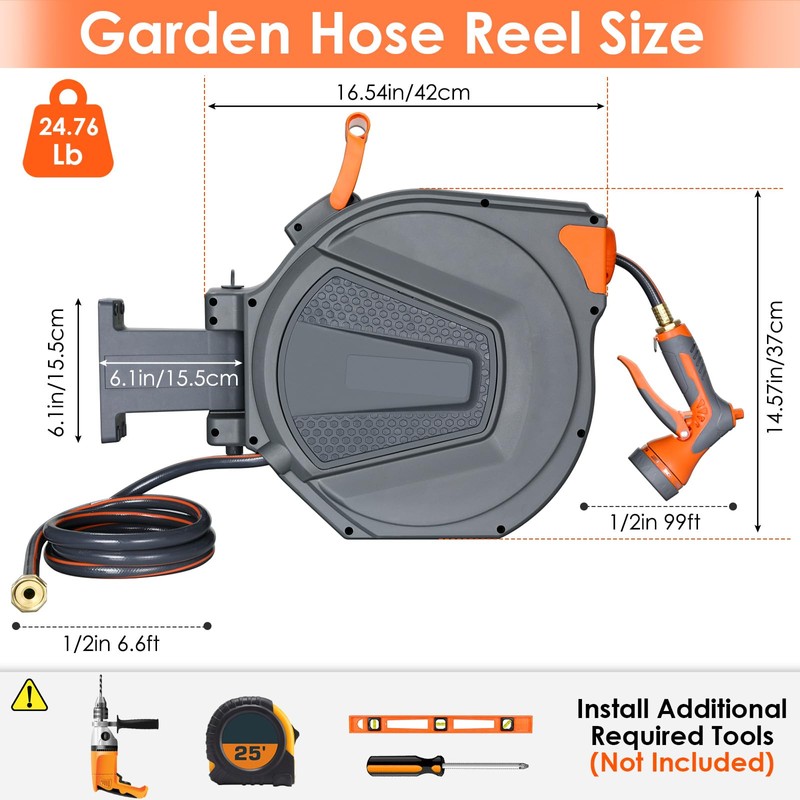 TLGREEN Retractable Garden Hose Reel, 1/2in x 100 ft Water