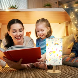 Rainbow Lamp for Girls Bedroom,Gifts for Girls-3 Color Modes Nightstand Night Light Lamp,Wood Base Flaxen Fabric Shade Desk Reading Lamp for Bedroom Living Room Office Christmas Gifts for Girl
