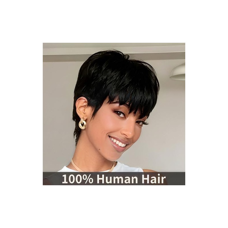 SAEIALL Peluca de cabello humano corto negro con corte pixie
