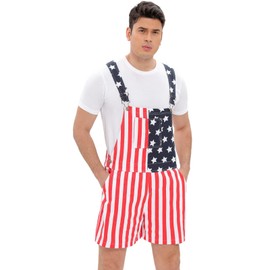 WIDEPAMY American Flag Overalls Denim Rompers Shorts, Patriotic 4th of July Holiday One Piece Jumpsuit (F01-M
