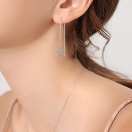 S925 Sterling Silver Classic Religious Christian Faith Hope Love Created Turquoise Cross Threader Drop Earrings for Women