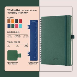 IN-LUXPRO Planner 2026 Daily Weekly and Monthly,8.5"x6.5",12 Months Spiral Bound Calendar Agenda with Self-adhesive Pen Holder,2026 Appointment Book with Vegan Leather Soft Cover,Green