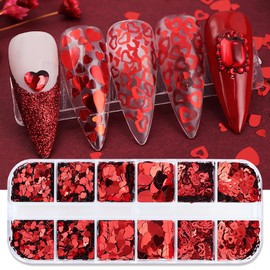 KTAABTR 12 Grids Valentines Day Nail Art Glitter Sequins Holographic Glitter RED Heart Nail Design Valentines Day Heart Nail Sequins for Women DIY Manicure Valentines Heart Nail Glitter Decoration