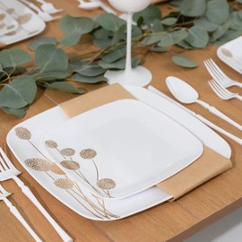 EcoQuality 7.25" inch Square White Plastic Plates Salad Plate with Gold Dandelion China Like Party Plates, Premium Heavy Duty Large Disposable Dessert Plate Weddings, Catering, Non Toxic (90 PACK)