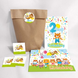 Set of 12 Invitation Cards, Envelopes, Bags, Stickers for 2nd Children's Birthday Boys/Girls Cute Cat (12 Cards + 12 Envelopes + 12 Party Bags (Cross Bottom Bags) + 12 Stickers)