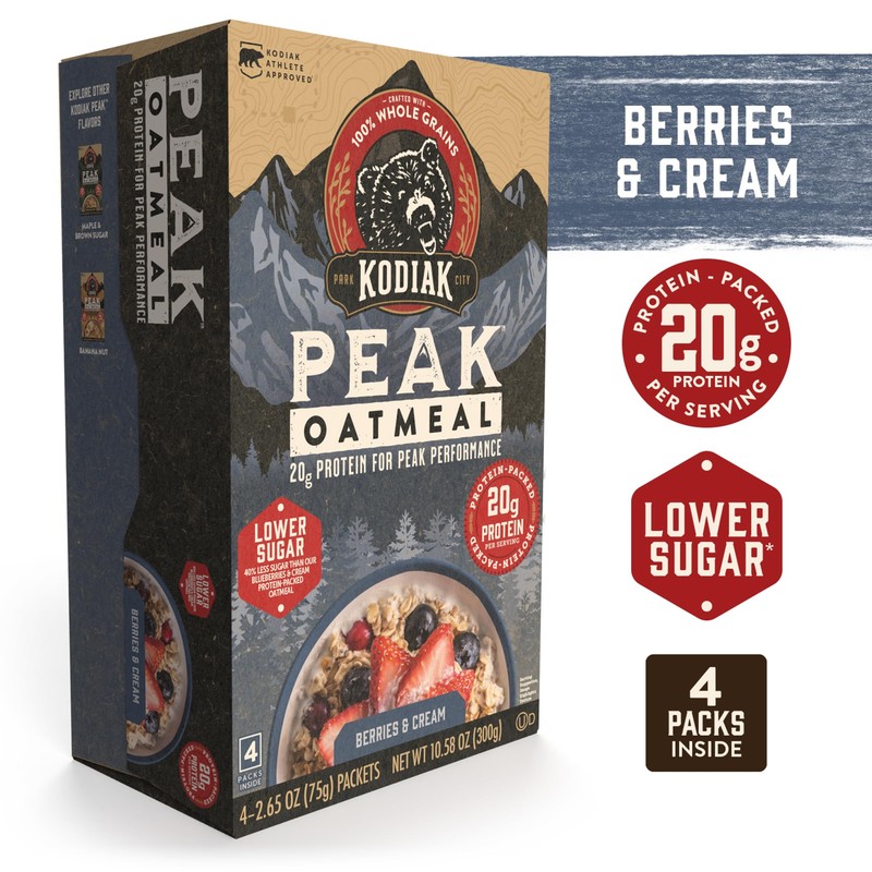 Kodiak Cakes Peak Instant Oatmeal Packets, Berries & Cream, High