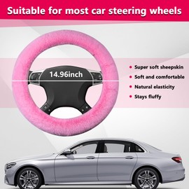 Suvnie Fur Wool Sheepskin Car Steering Wheel Cover, 15 Inch Fluffy Anti-Slip Auto Steering Wheel Protector for Warm Winter, Universal Fuzzy Plush Vehicle Steering Wheel Accessories (Pink)