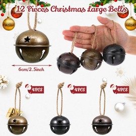 Christmas Bells Large Big Size, Christmas Star Cutout Colorful Sleigh Bell Ornament Metal Craft Bells for Gift Wrapping Christmas Tree Decor Wreath Christmas (Red, Green, Black Bronze,12 Pcs)