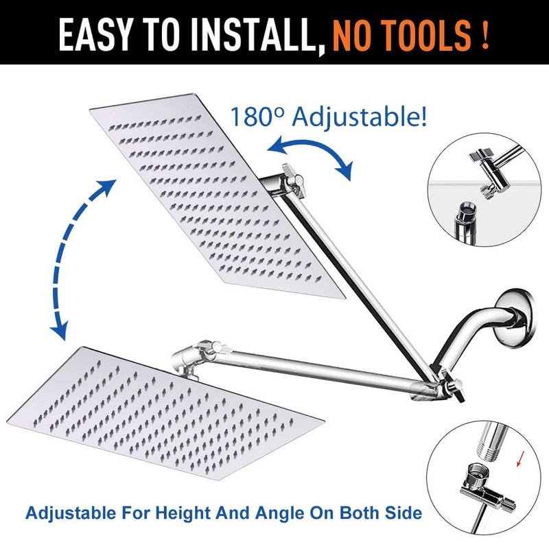 HarJue High Pressure Large Stainless Steel Square Rain ShowerHead With