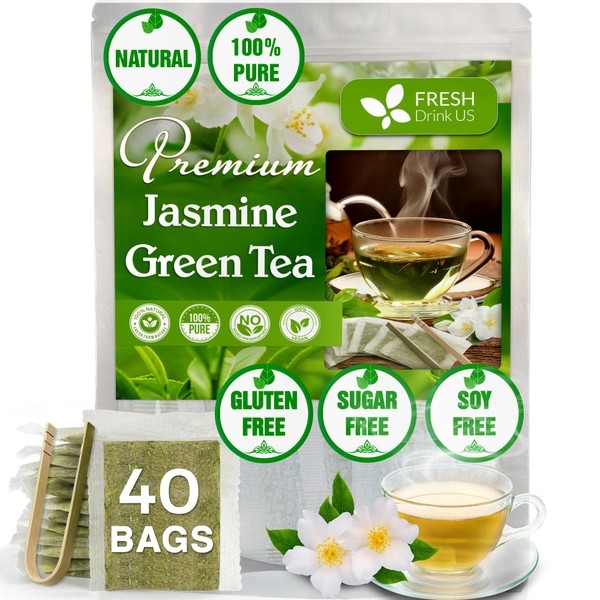 FreshDrinkUS, Premium 40 Jasmine Green Tea Bags, 100% Natural &