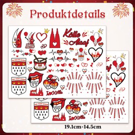 Gesichtstattoo Karneval, 2 Blatt Kölner Karneval Kostüm Damen Herren Gesicht Aufkleber, Klebetattoos Kölle Alaaf Rot Weiss Herz Face Fake Tattoos, Erwachsene Kinder Fasching Schminke Accessoires