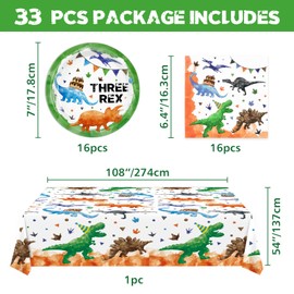 WERNNSAI Dinosaur Party Supplies - Tableware Packages for 3rd Birthday Party for Boys and Kids Three Disposable Plates with Rex Tablecloth and Napkins Dino Party Decorations for 16 Guests 33 Pack