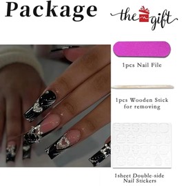 RUNRAYAY Square Press on Nails with Nail Charms Design, French Tip Press on Nails, Supremely Fit & Natural Glue on Nails, Reusable Stick on Nails In 24Pcs