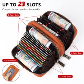 GADIEMKENSD Dual Zipper Card Holder with 6 Coin Money Compartments RFID Blocking Women Men Wallets Travel Business Purse Genuine Leather Organiser for Oyster Card Debit Credit Card Orange