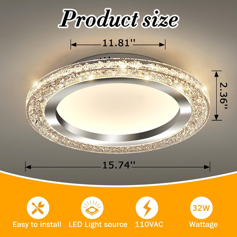 UOFUS 32W LED Flush Mount Ceiling Light Chrome 15.7inch Modern