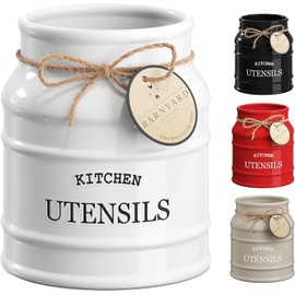 Barnyard Designs Ceramic Farmhouse Utensil Holder for Kitchen Counter, Large Rustic Utensil Crock, Countertop Cooking Tool Spatula Organizer, 6.75” (White)