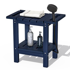 Plawdlik HDPE Shower Stool for Bathroom - 2-Tier Storage Shelf Waterproof Shower Bench Wood Texture - Shaving Stool for Inside Shower, Bathtub, or Spa, Durable Indoor/Outdoor Seat Navy