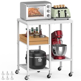 Kitchen Microwave Cart with Wheels,Coffee Bar Table Station,4-Tier Rolling Baker's Oven Rack,Small Appliance Storage Shelf,Utility Trolley Side Table for Kitchen,Office, Living Room (Snowy White)