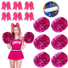 12Pcs Metallic Cheerleading Pom Poms & Cheerleader Hair Bows, Cheer Accessories for Team Spirit Sports Events Cheering (Hot Pink)