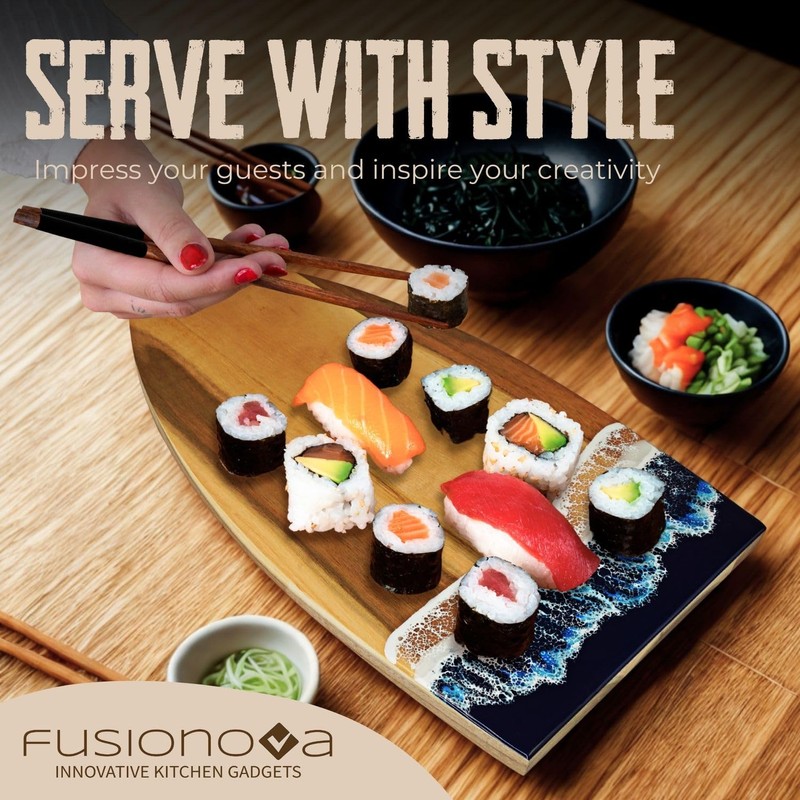 FUSIONOVA Acacia Cutting Board with Epoxy - Surfboard Shaped Wood