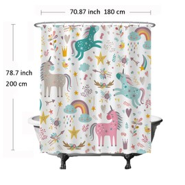Ulticool Shower Curtain - Unicorn Horse Clouds Star Rainbow - 180 x 200 cm - Washable - Waterproof - with 12 Rings - White Pink Brown Green