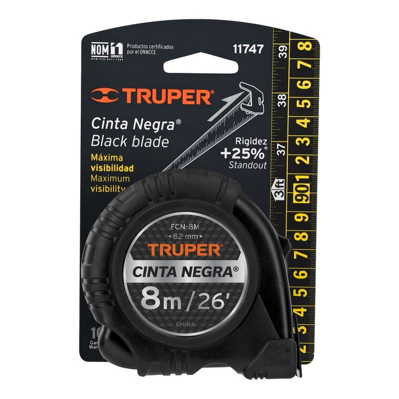 Truper FCN-8M, Flexómetro contra impactos 8 m cinta negra 25