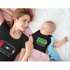 Tstars Battery Low 100% Charged Mommy and Baby Girl Boy Matching Outfits Funny Mothers Day Mother & Daughter Son Shirts Mom Black Small/Baby Black 12M (6-12M)