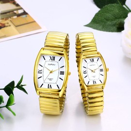 JewelryWe Pair of Watches Analogue Quartz Couple Watch Classic Simple Rectangular Elastic Alloy Bracelet Partner Friendship Watch with Roman Numerals Dial Gold