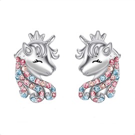 Unicorn Earrings for Girls, 925 Sterling Silver Multicolor CZ Lucky Unicorn Stud Earrings Birthday Gift for Daughter Granddaughter