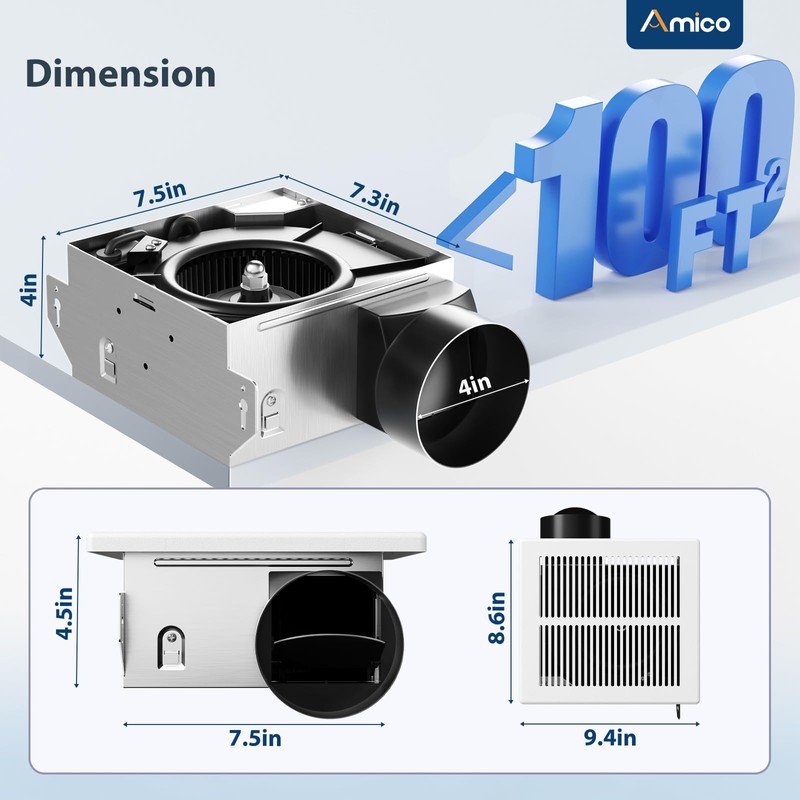 Amico Bathroom Exhaust Fan, 1.0 Sones, 80 CFM, Low Noise,